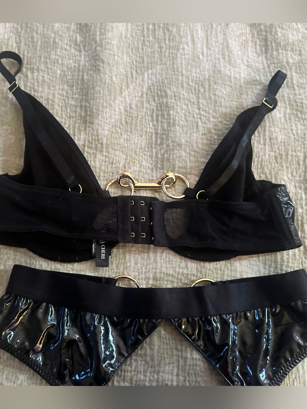 LA CHERI Paris Black and Gold bra with matching panty and garter Sz Med - Picture 8 of 10